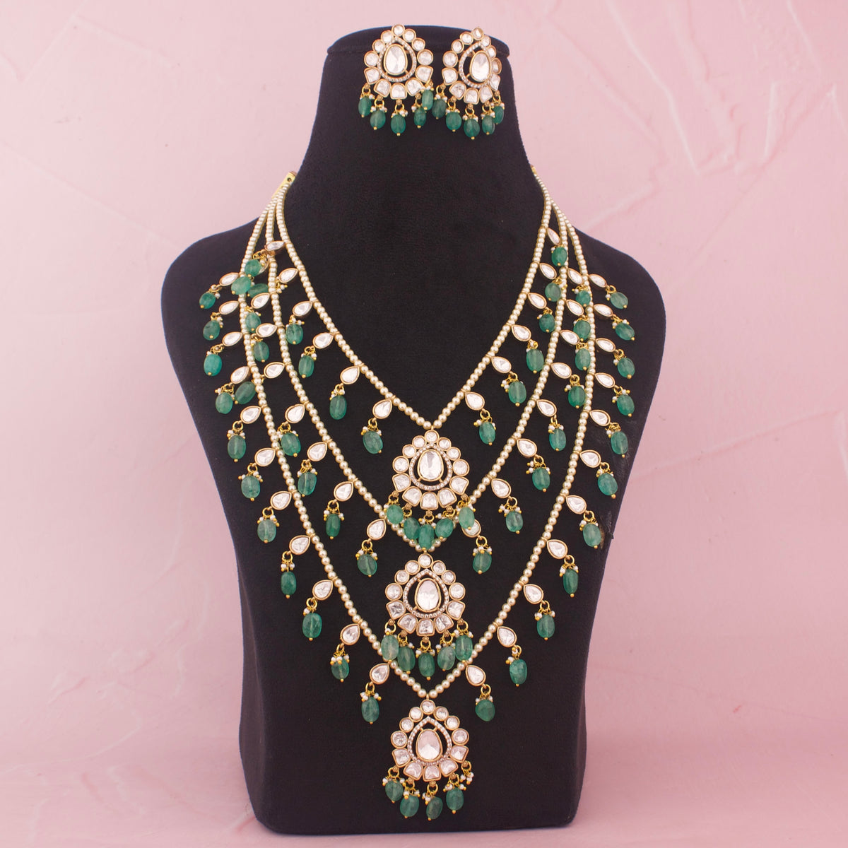 Designer Multi-Layered Haram Necklace Set With Green Bead Drops