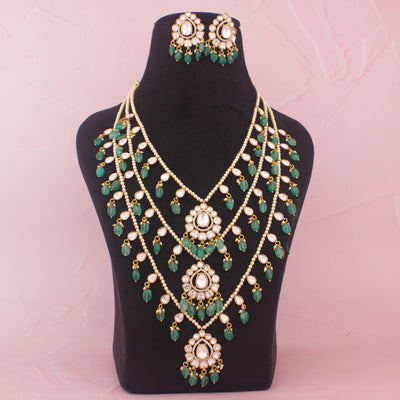 Designer Multi-Layered Haram Necklace Set With Green Bead Drops