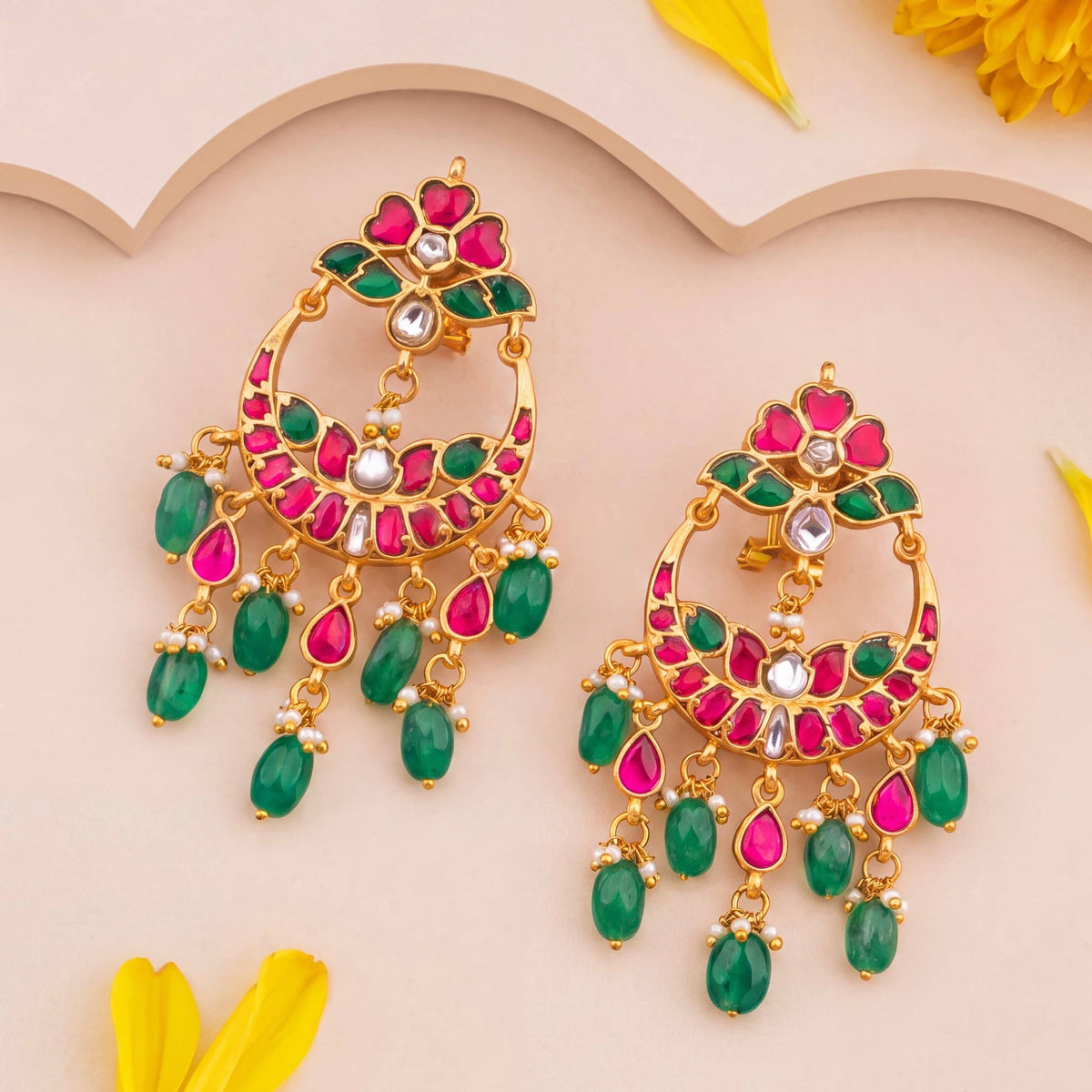 Regal Jadau Kundan Chandbali Earrings With Emerald Hangings