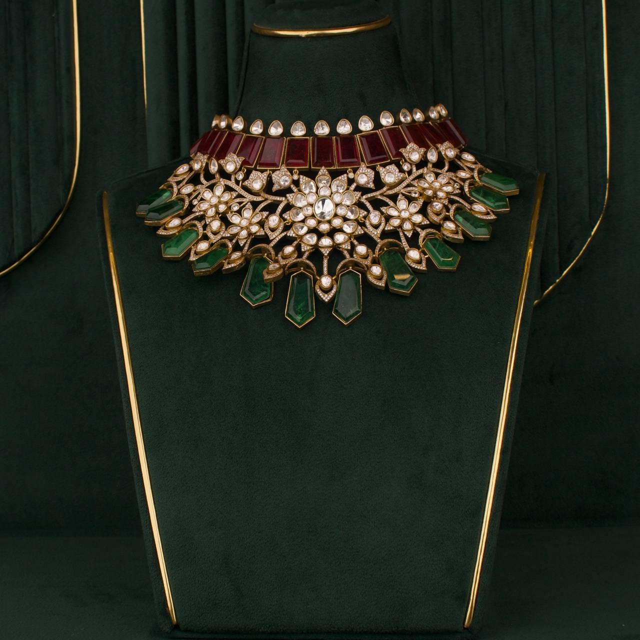 Bridal Emerald & Ruby Moissanite Polki Choker Set With Matching Earrings