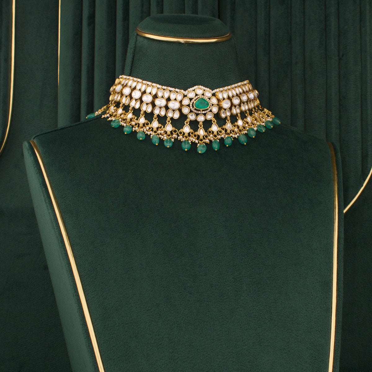 Radiant Victorian Polki Choker With Beads Hangings And Matching Earrings