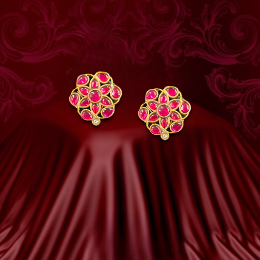 Exquisite Floral Pink Jadau Kundan Stud Earrings