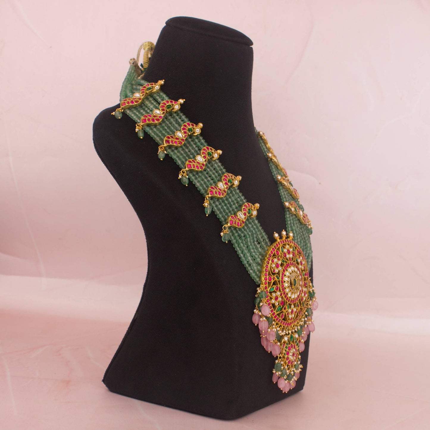 Handmade Jadau Kundan Long Rani Haar With Green Beads & Swarovski Chain