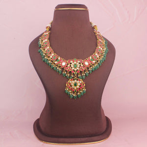 Classic Floral Jadau Kundan Necklace With Emerald Beads