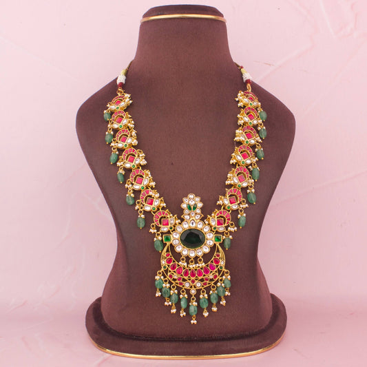 Bridal Jadau Kundan Long Necklace With Emerald Bead Drops