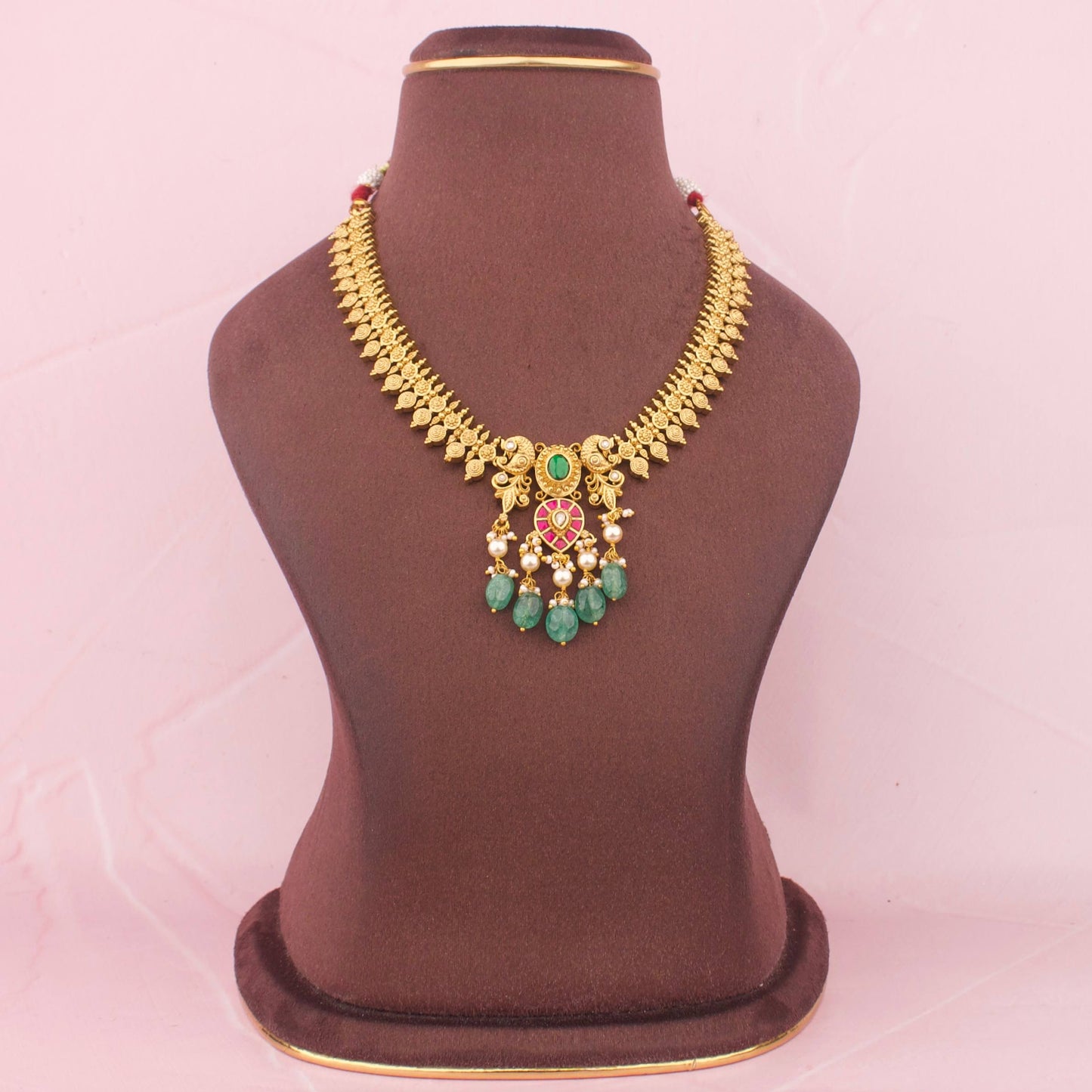 Antique Temple Necklace Set With Emerald Beads And Earrings