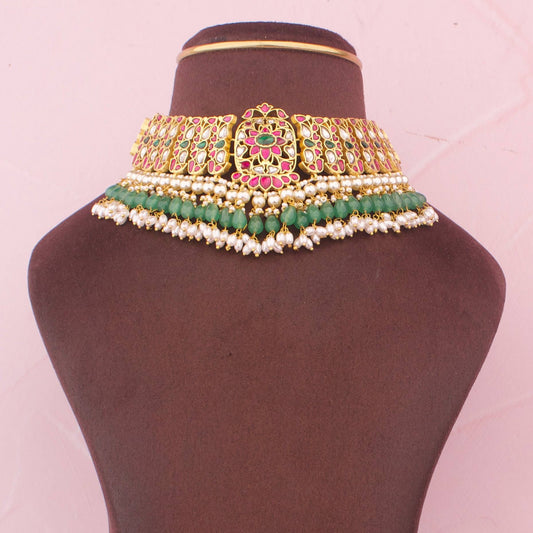 Gold Finish Jadau Kundan Choker With Green Beads And Pearl Drops