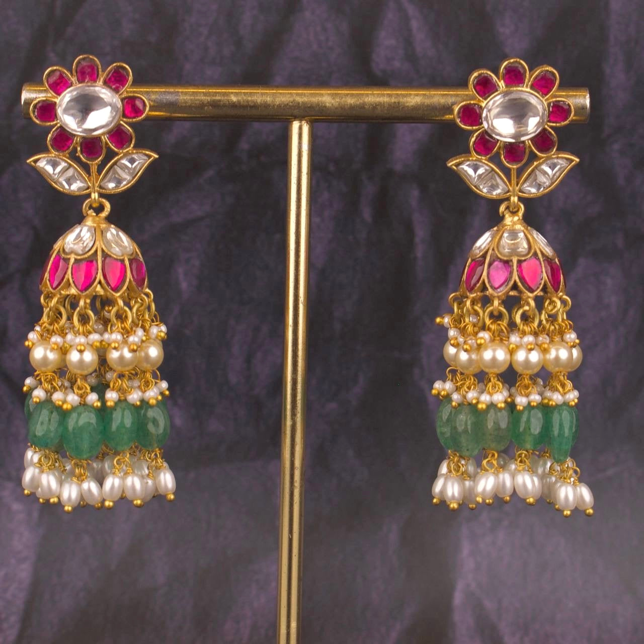 Guttapusalu Pearl & Beads Hanging Jadau Kundan Jhumki Earrings