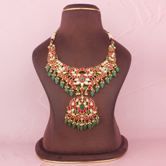 Luxury Jadau Kundan Short Necklace With Emerald Drops