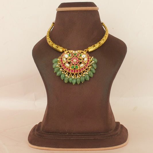 Heritage Floral Chandbali Design Jadau Kundan Kanti with green beads
