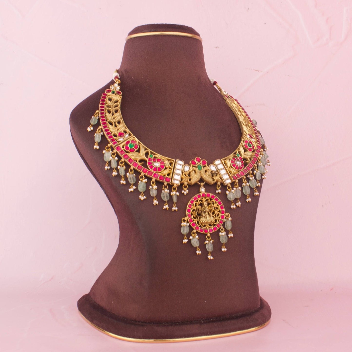 Antique Temple Jewellery Necklace With Lakshmi Pendant And Bead Drops