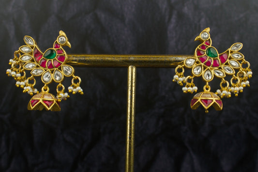 Unique Peacock Studded Jadau Kundan Jhumka Earrings