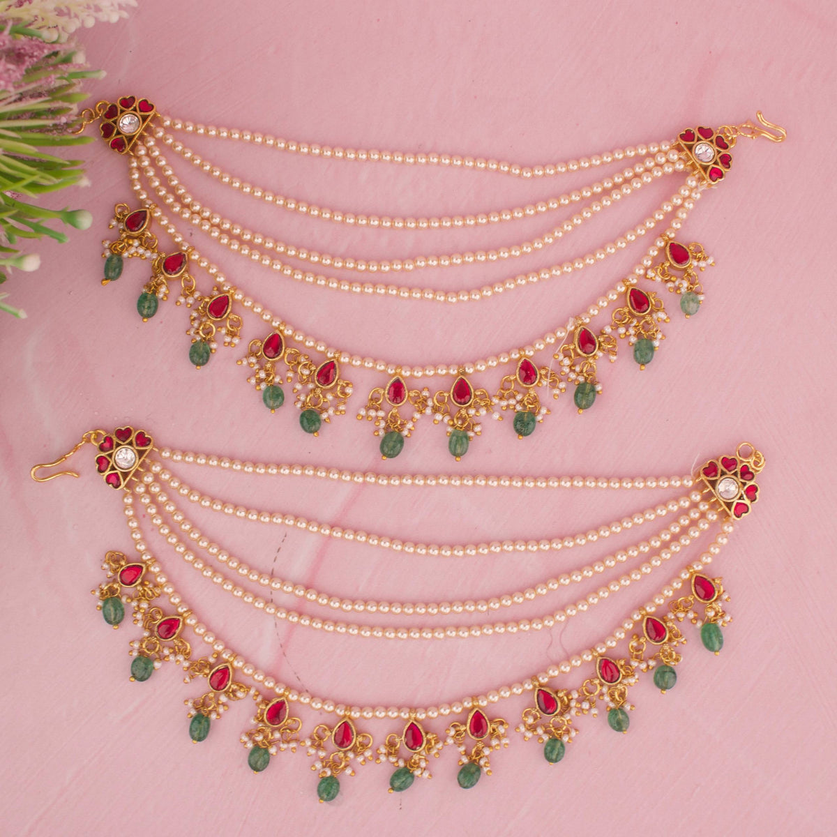 Pearl Jadau Kundan Champasaralu With Green Drops Close-up Design & Gemstone Detailing - Dulhan Jewels