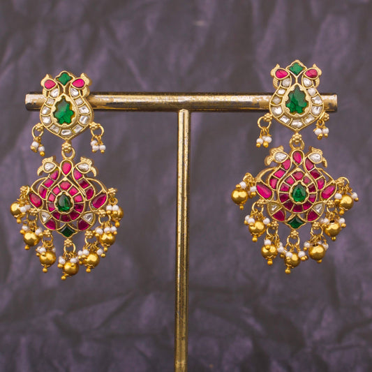 Designer Peacock Motif Jadau Kundan Chand Dangler Earrings With Ruby Accents