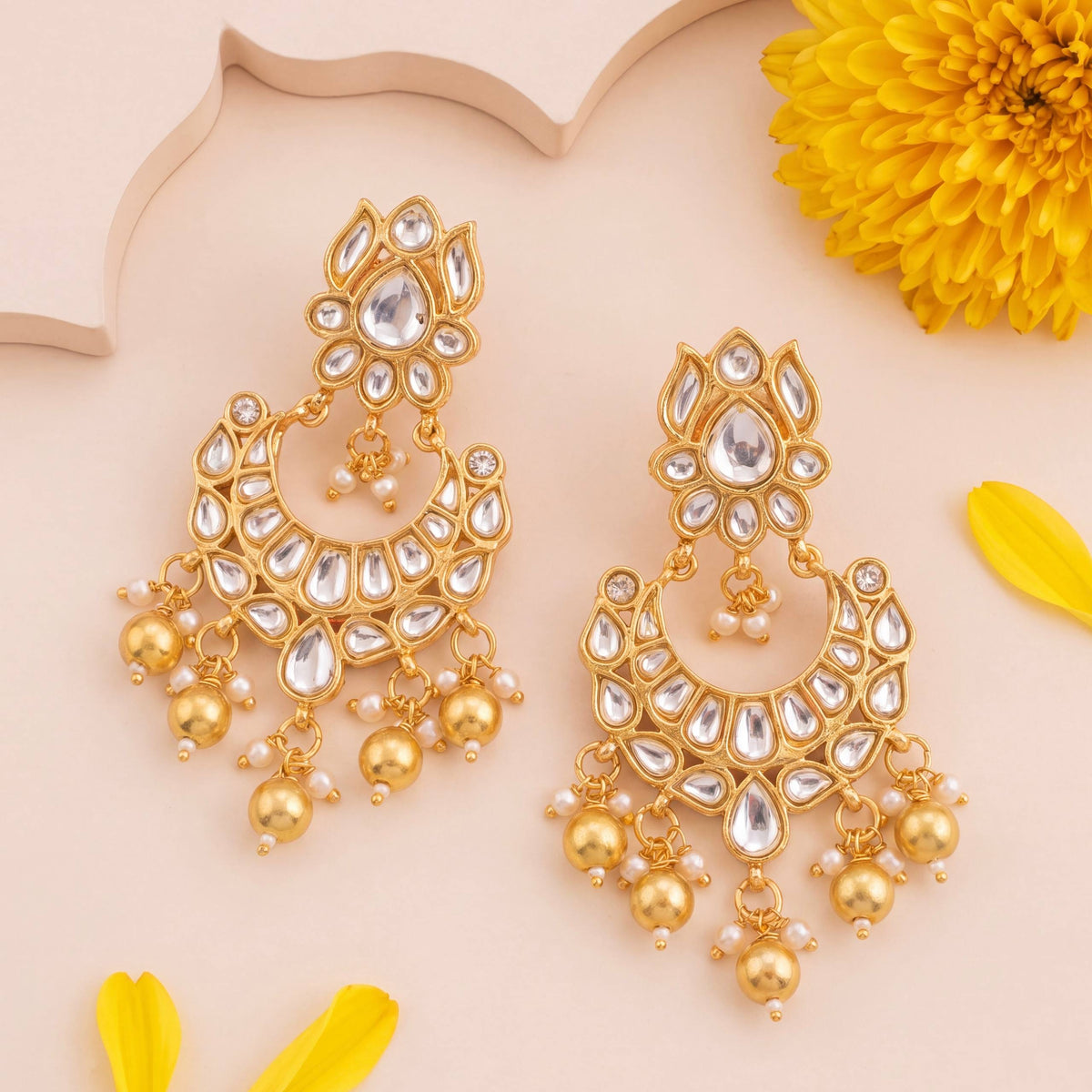White Kundan Chandbali Earrings - Handcrafted Indian Bridal Jewelry by Dulhan Jewels