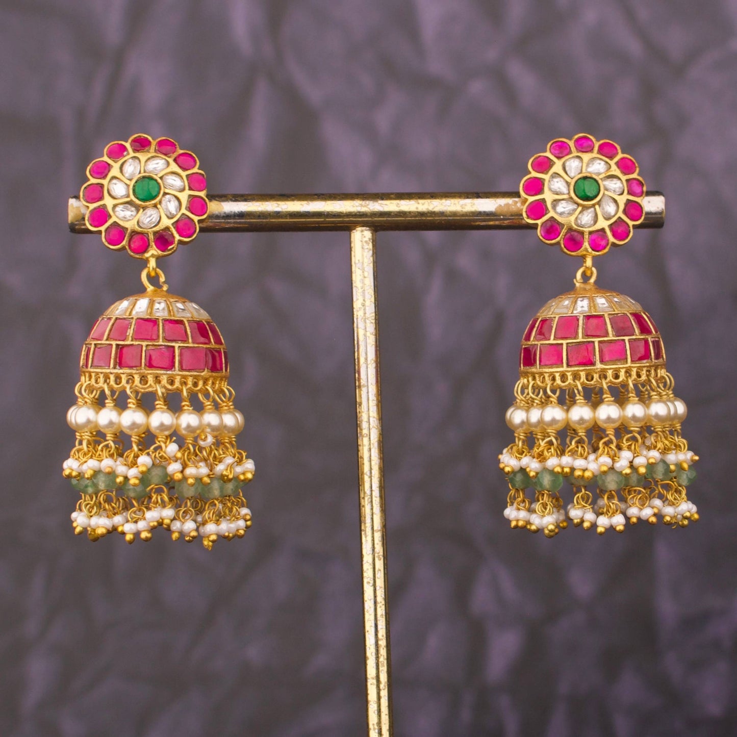 Graceful Jadau Kundan Jhumka Earrings With Round Floral Stud
