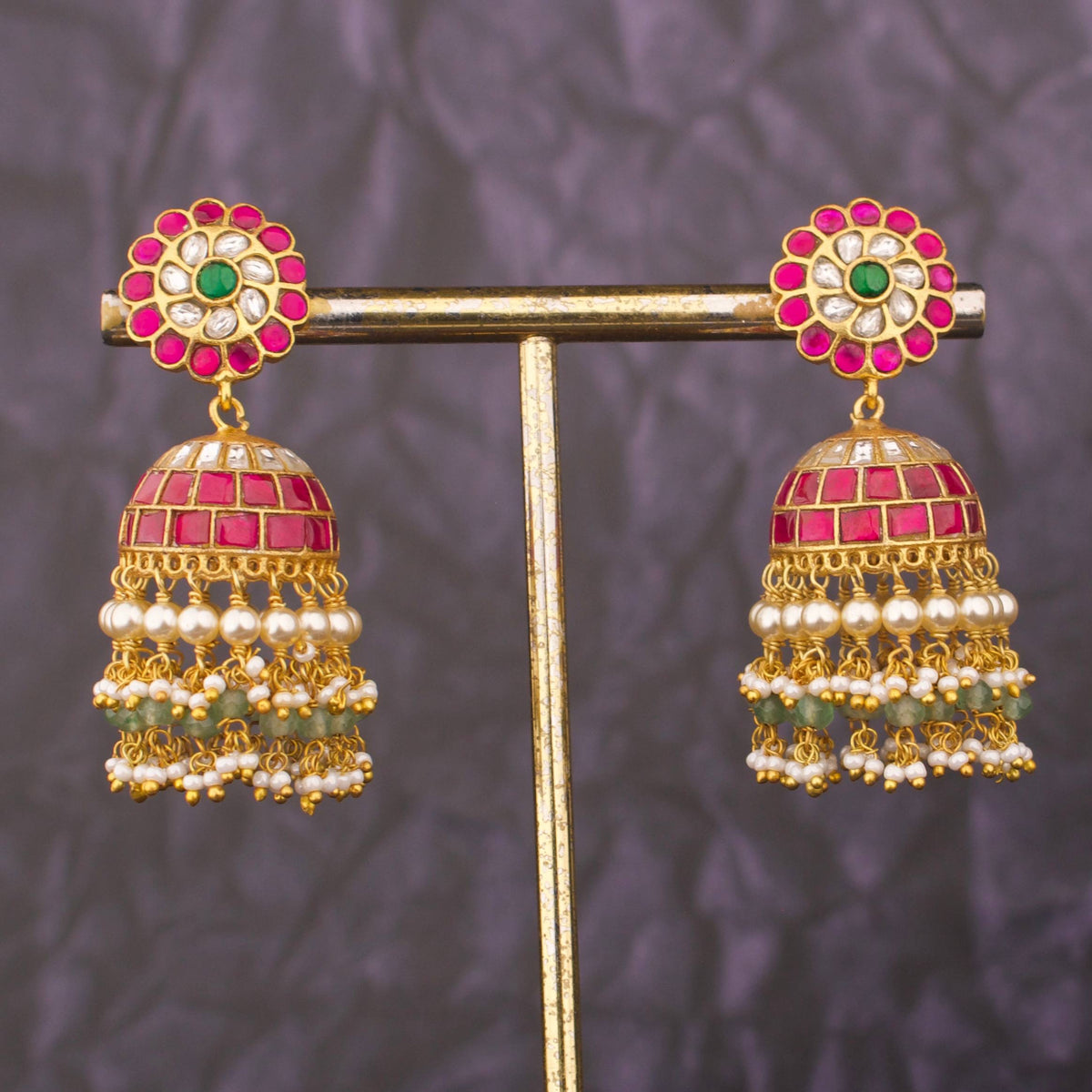 Graceful Jadau Kundan Jhumka Earrings With Round Floral Stud