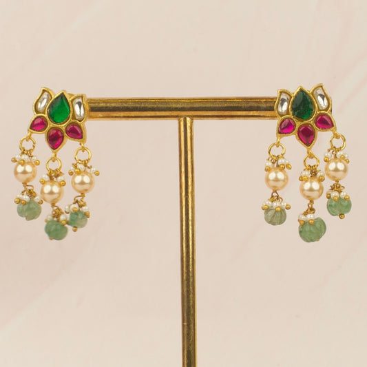 Lotus Design Jadau Kundan Stud Earrings With Pearl and Bead Hangings