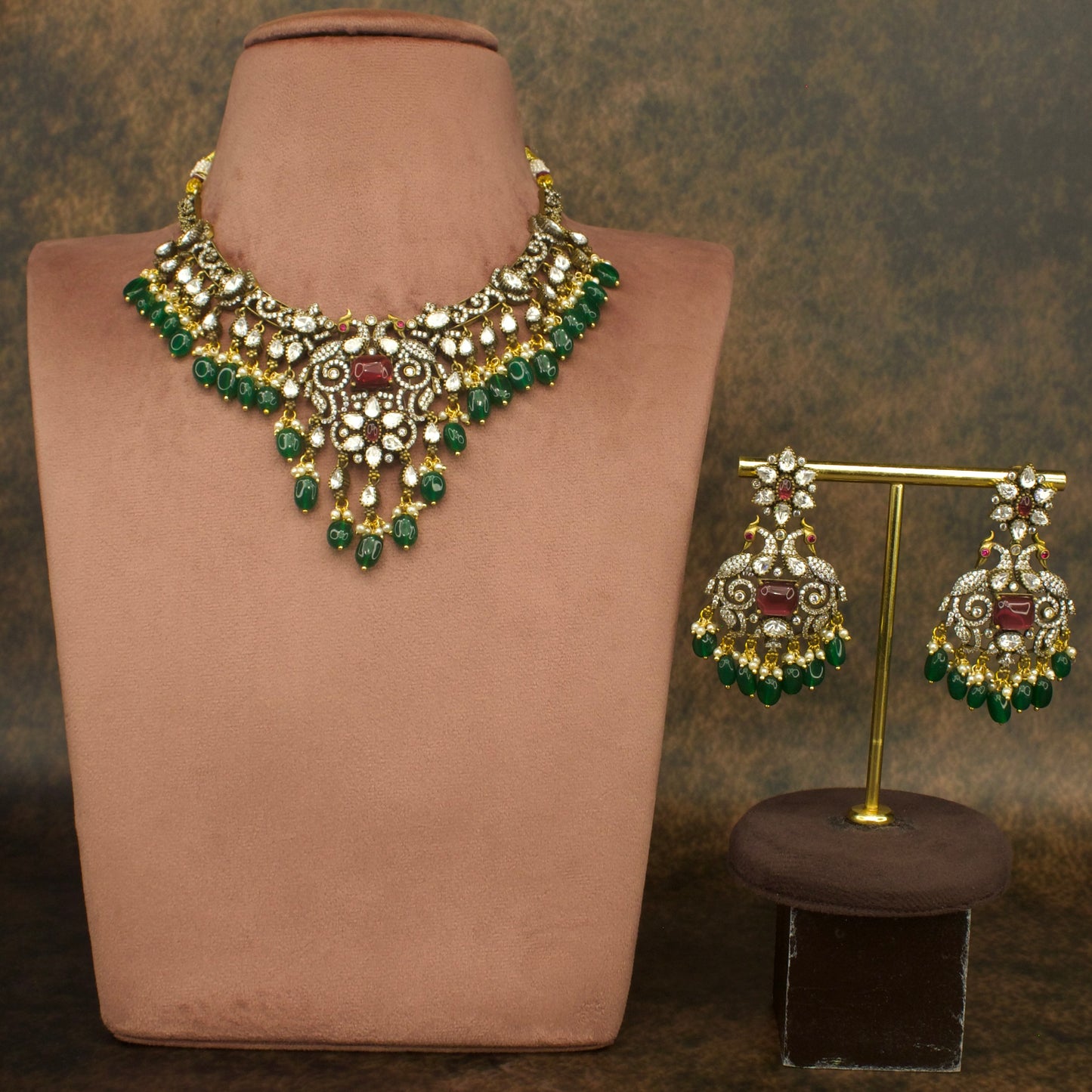 Victorian Peacock Kanti Necklace with matching earrings