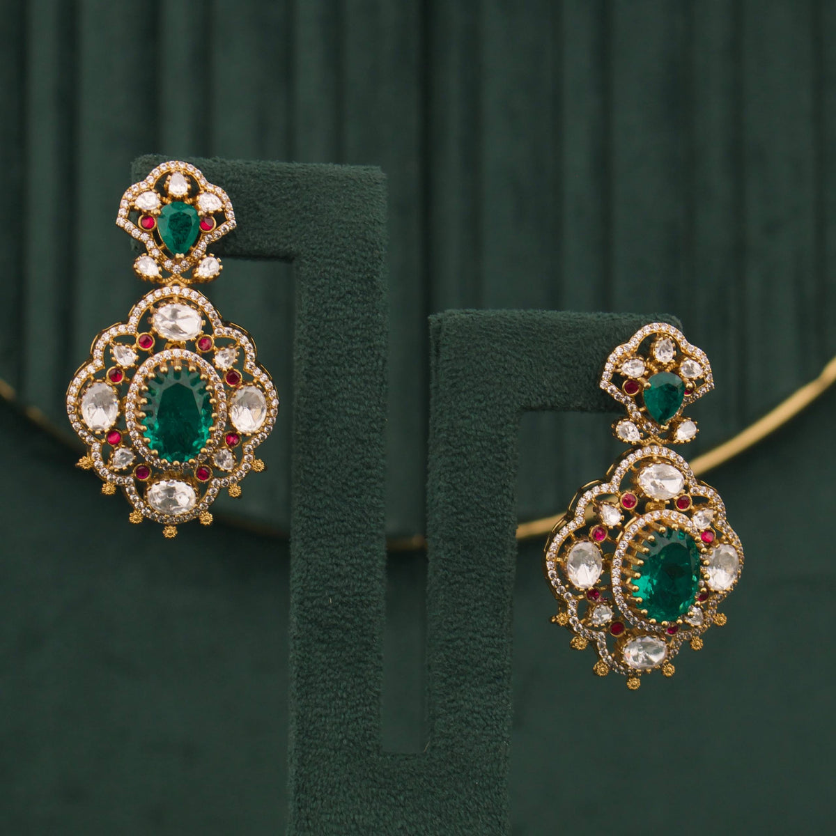Vintage Emerald Victorian Necklace Set With Ruby And Polki Stones