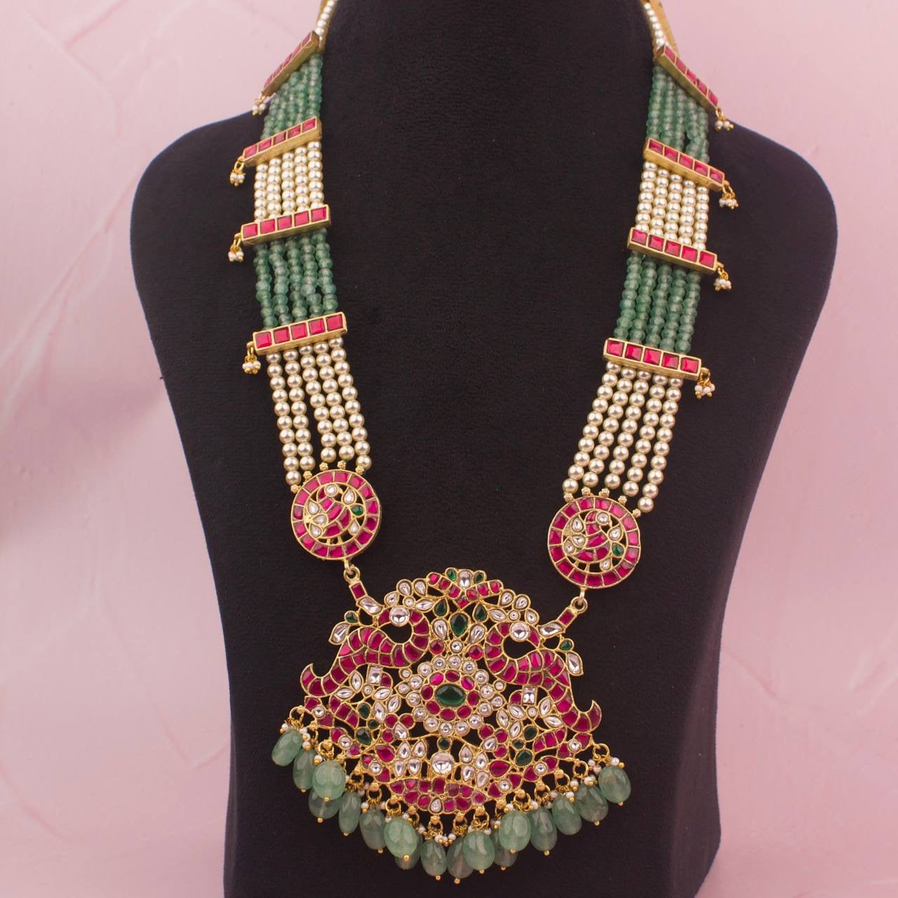 Grand Bridal Jadau Kundan Beads Mala With Side Locket