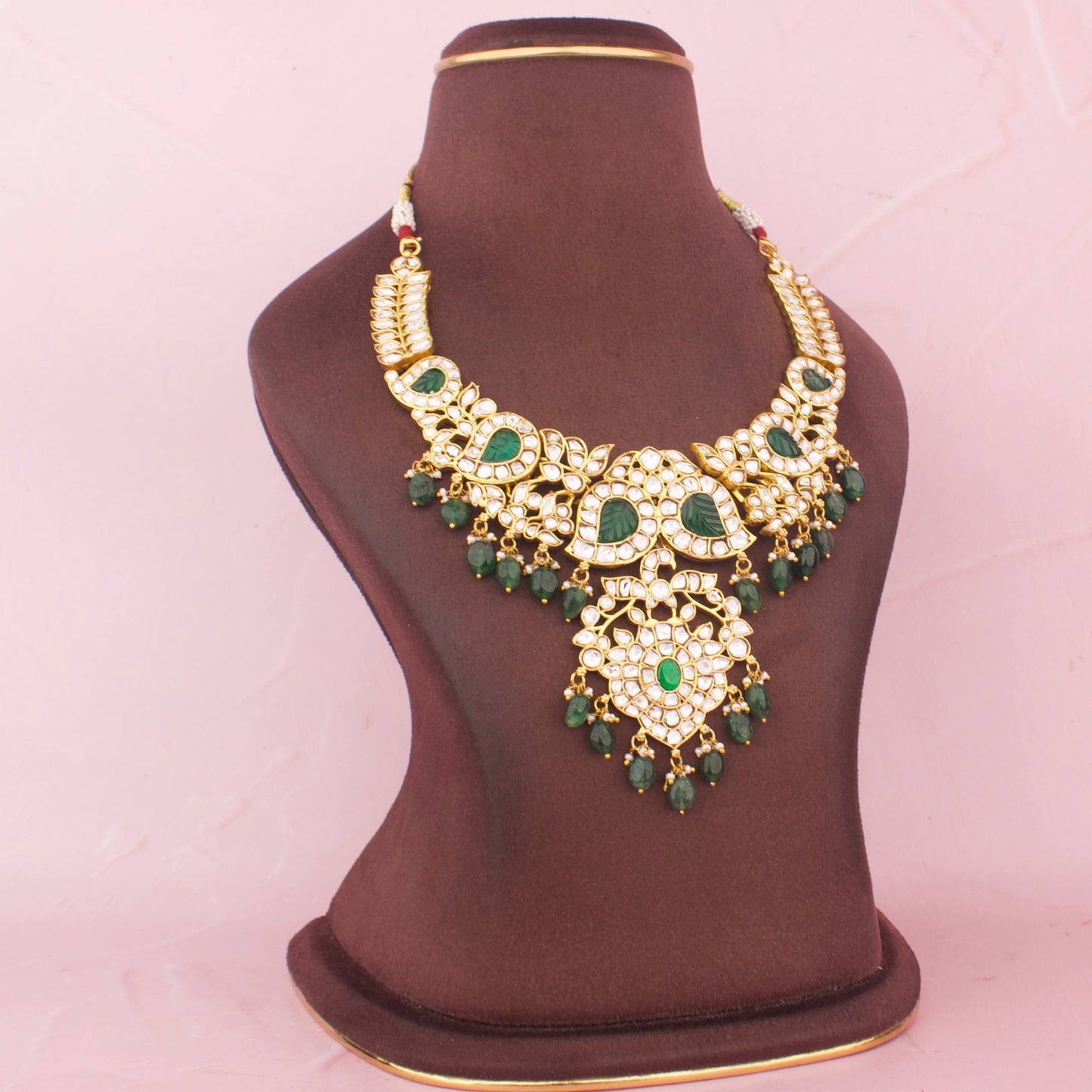 Classic Polki Necklace Set With Emerald Green Detailing