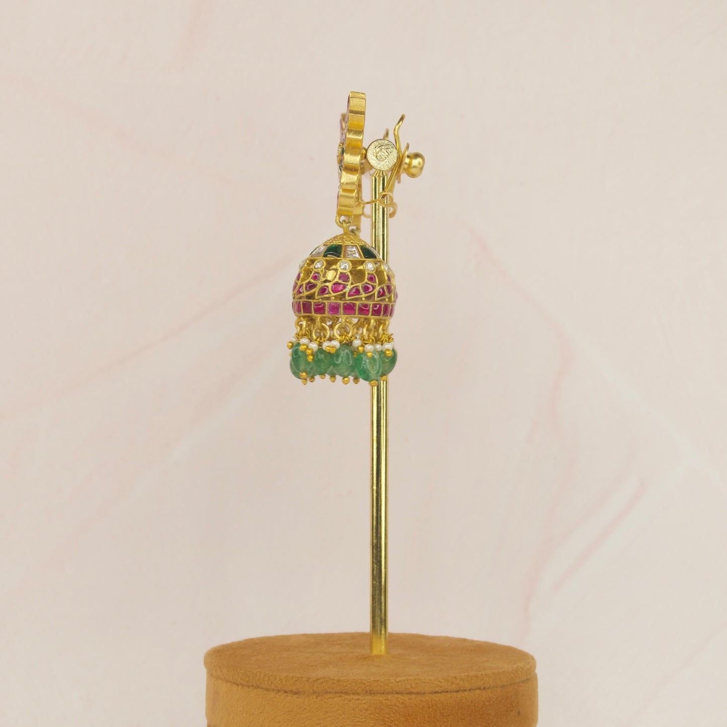 Gold Plated Jhumka Earrings with Jadau Kundan stones & Beads with 22k gold plating. This Product belongs to Jadau Kundan jewellery Category