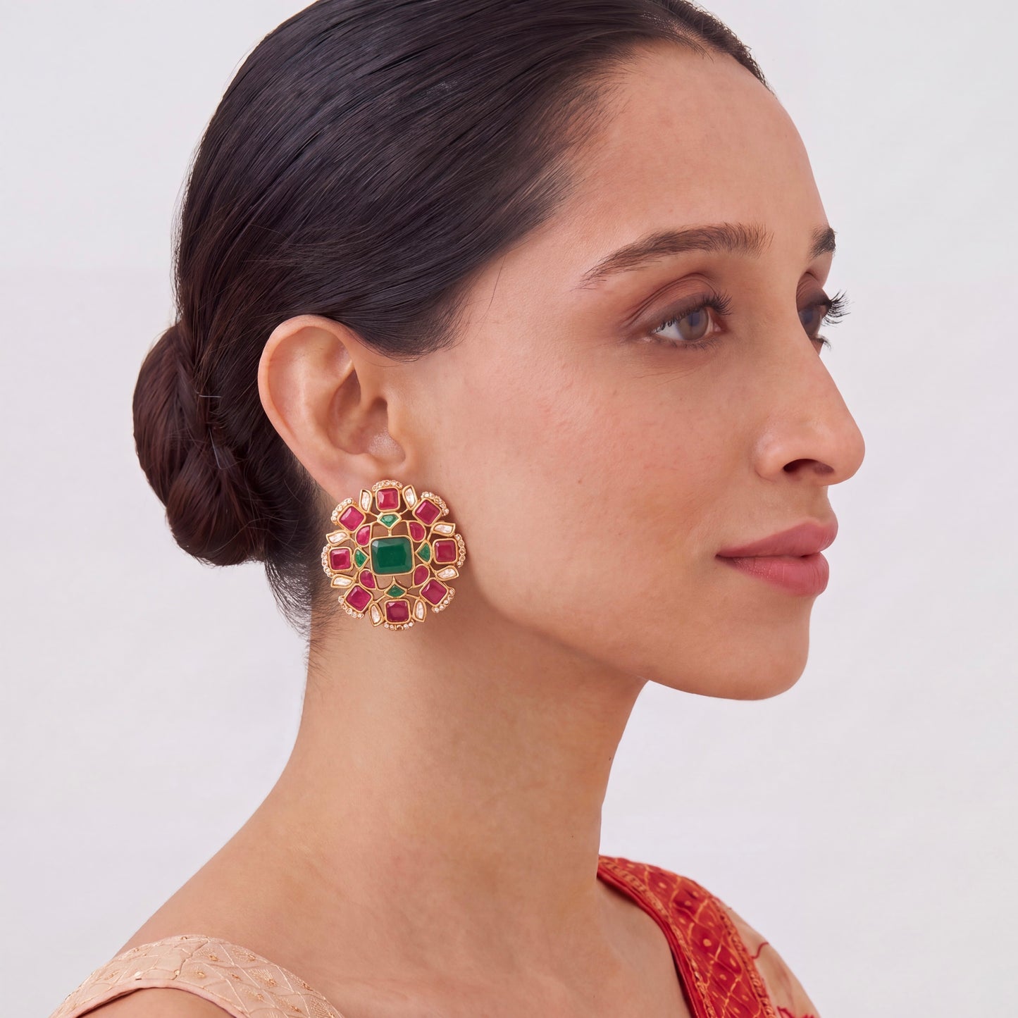 Unique Pink And Emerald Green Kundan Stud Earrings