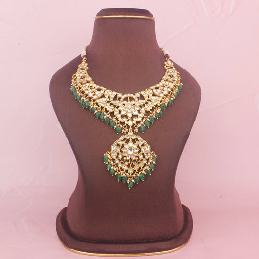 Gold Style Jadau Kundan Traditional  Necklace With Beads Hanging - Premium Indian Ethnic Jewelry | Dulhan Jewels