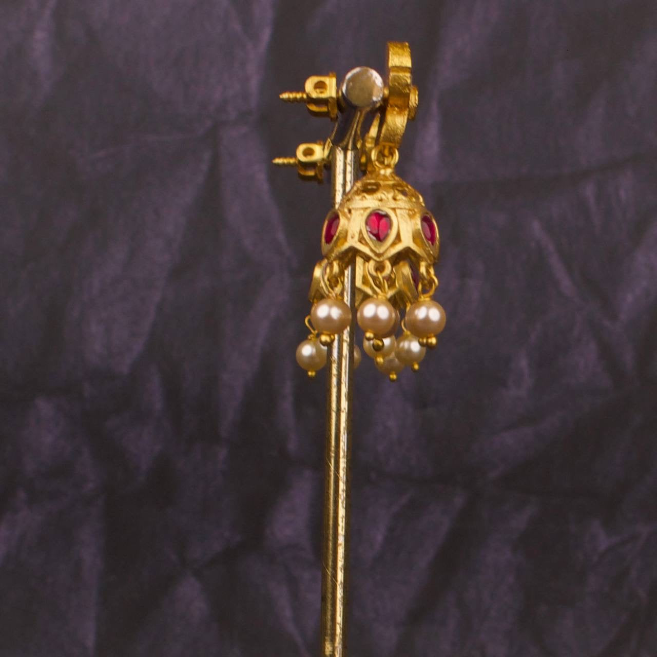 Floral Studded Small Sized Jadau Kundan Jhumki With Pearl Hangings