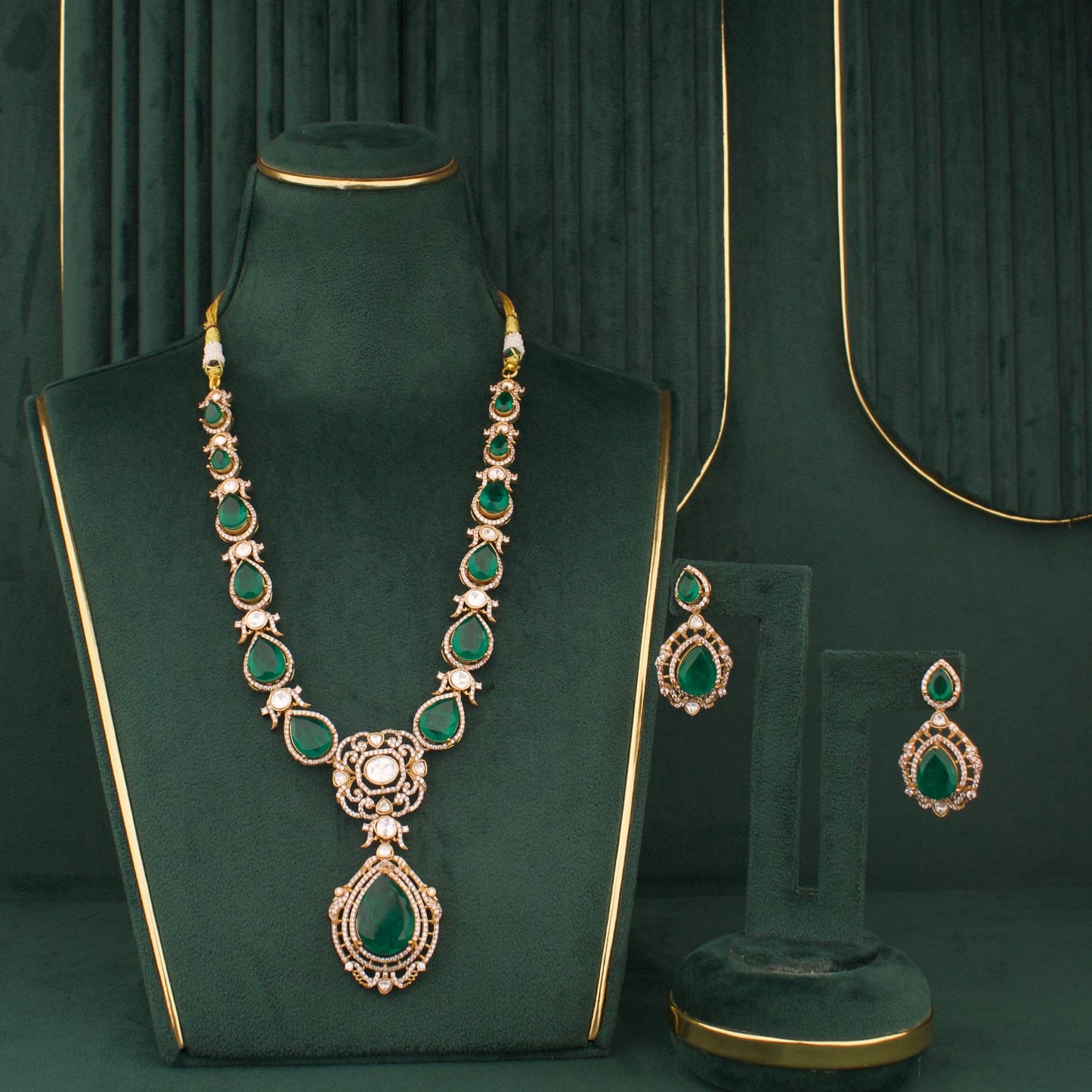 Radiant Victorian Necklace Set With Matching Earrings Styling Angle View 10 - Dulhan Jewels