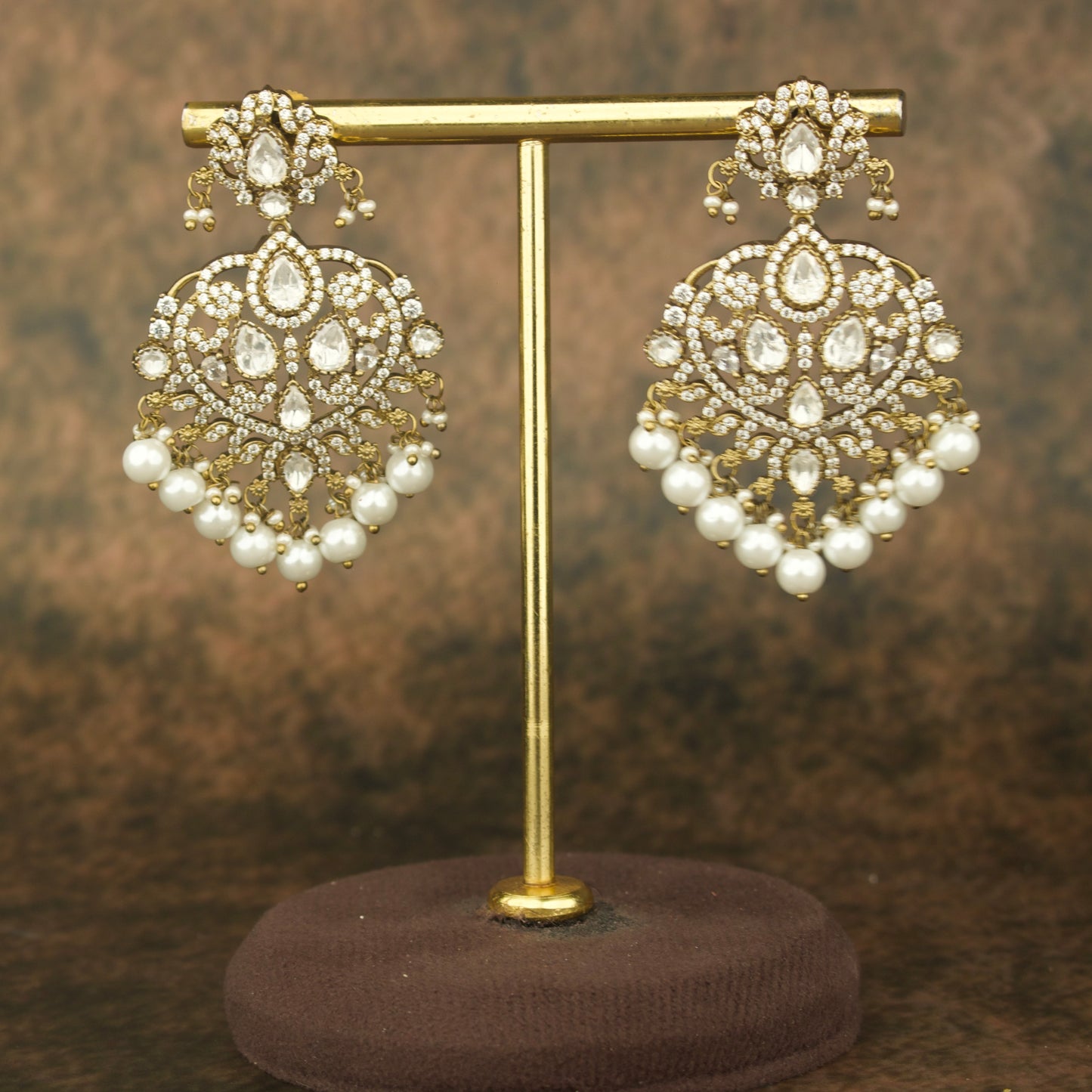 Opulent Victorian Polki Chandbali Earrings with Lustrous Pearls