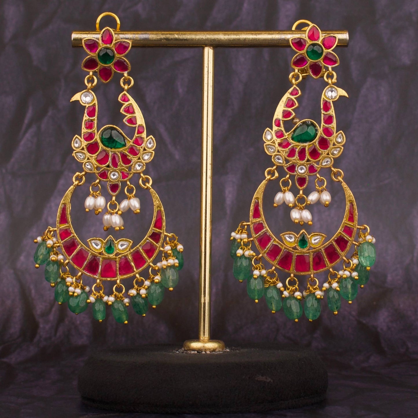 Stylish Jadau Kundan Chand Bali with Floral Peacock Design