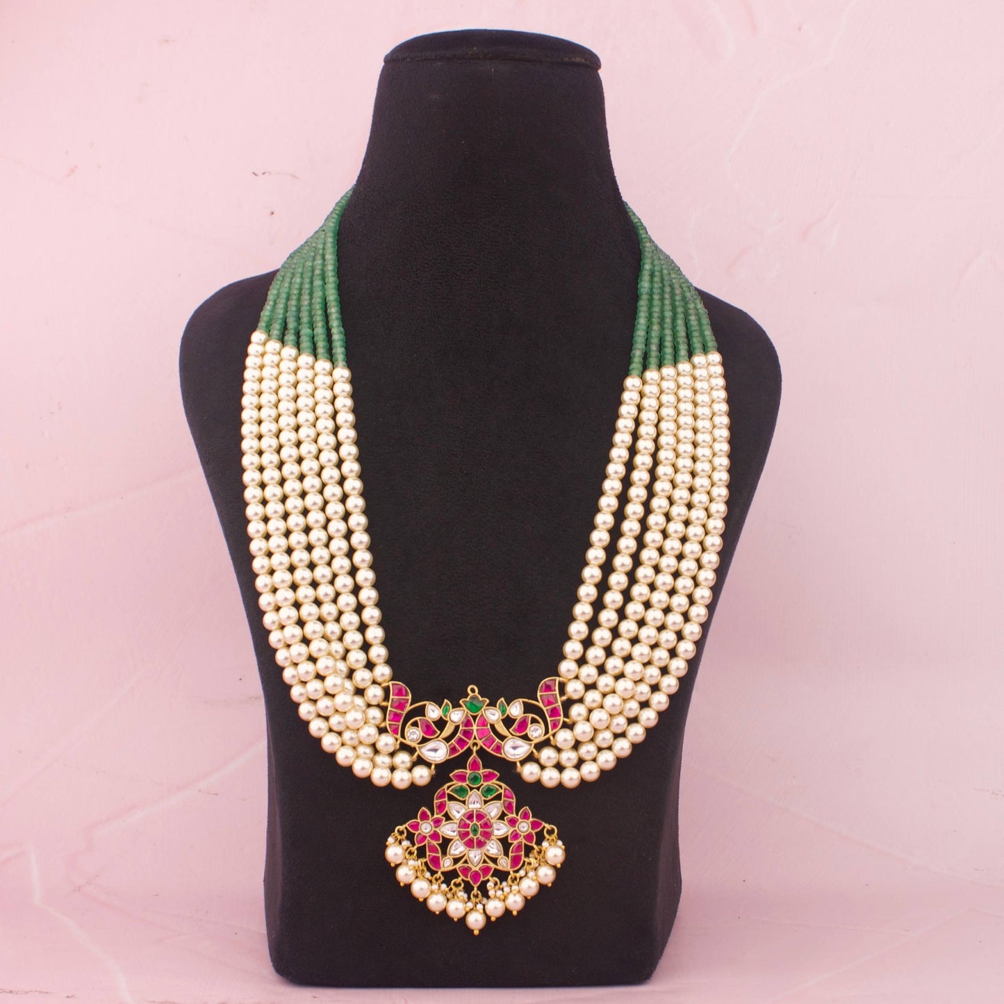 Classic Jadau Kundan Beads Mala In Swarovski Pearl