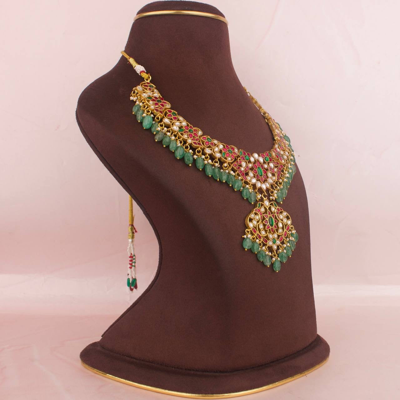 Gold Inspired Jadau Kundan Necklace With Strawberry Beads As Hangings