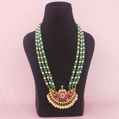 Green Emerald Beaded Necklace With Kundan Pendant