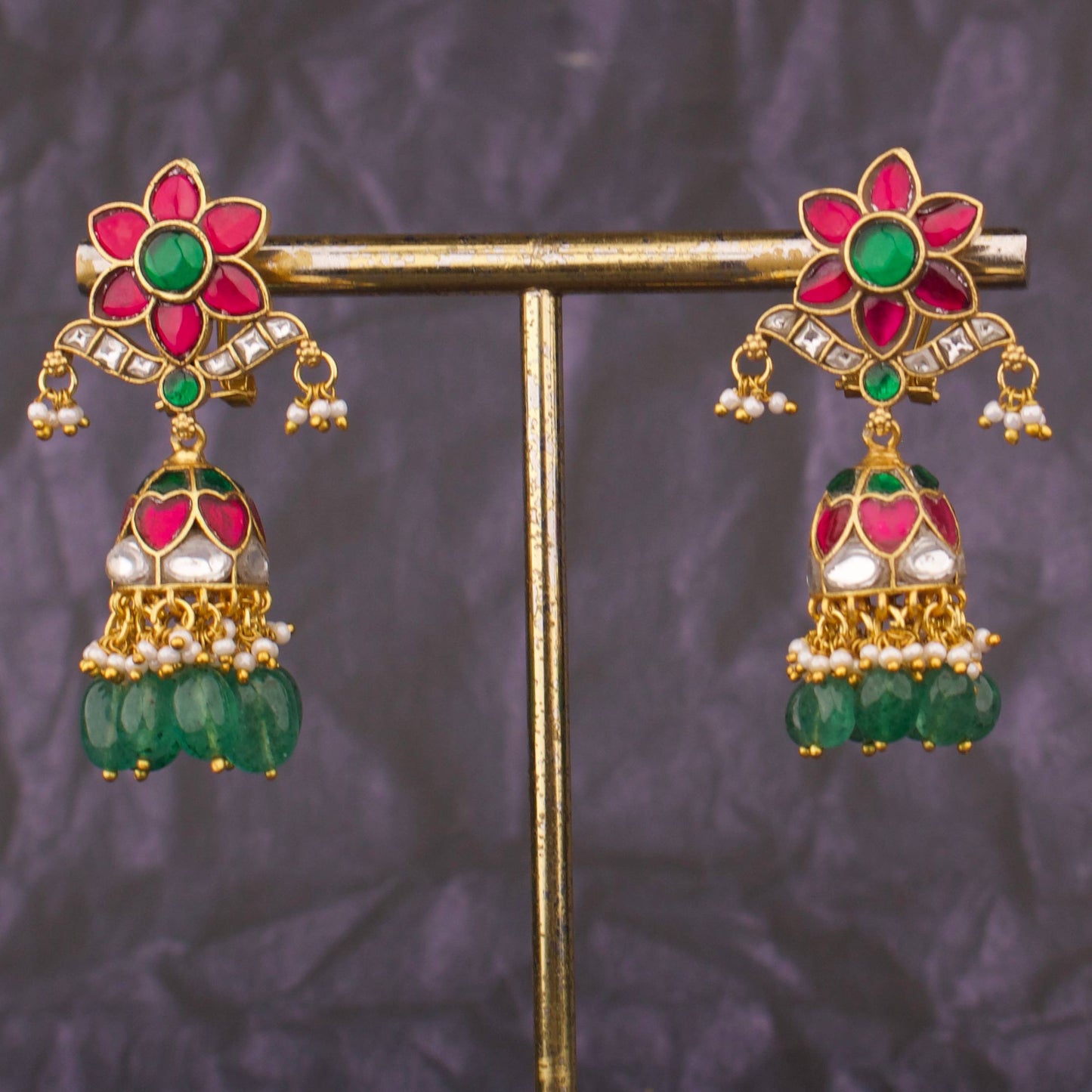 Beautiful Jadau Kundan Floral Jhumka Earrings With Green Beads