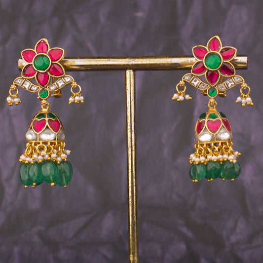 Beautiful Jadau Kundan Floral Jhumka Earrings With Green Beads