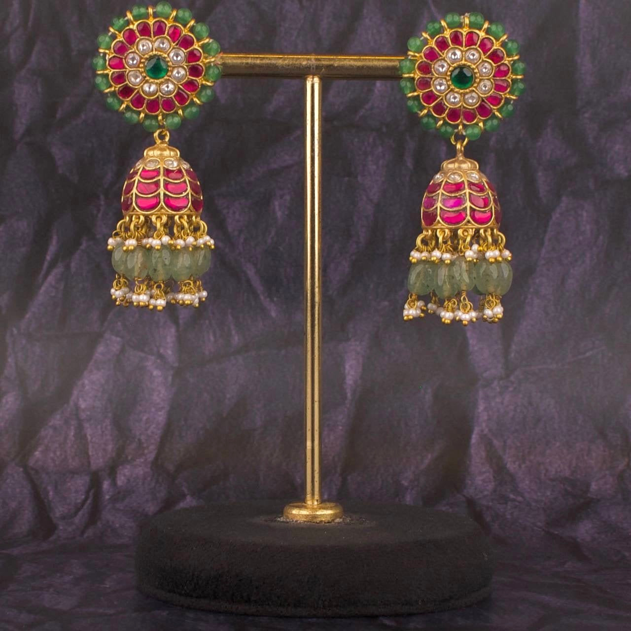 Beads Bordered Studded Jadau Kundan Jhumki Earrings