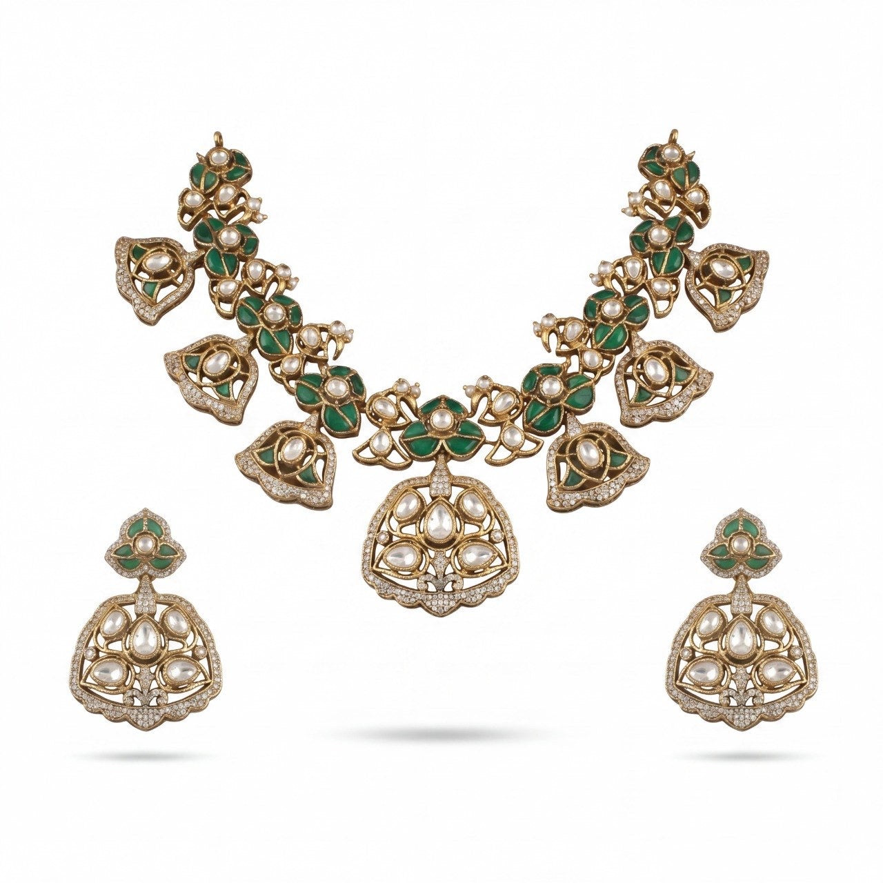 Regal Bells: Victorian Polki Necklace Set with Intricate Detailing