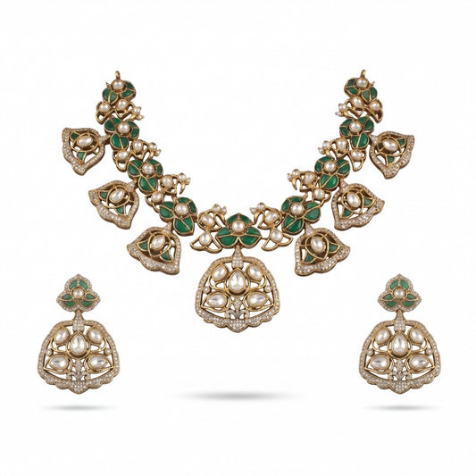 Regal Bells: Victorian Polki Necklace Set with Intricate Detailing