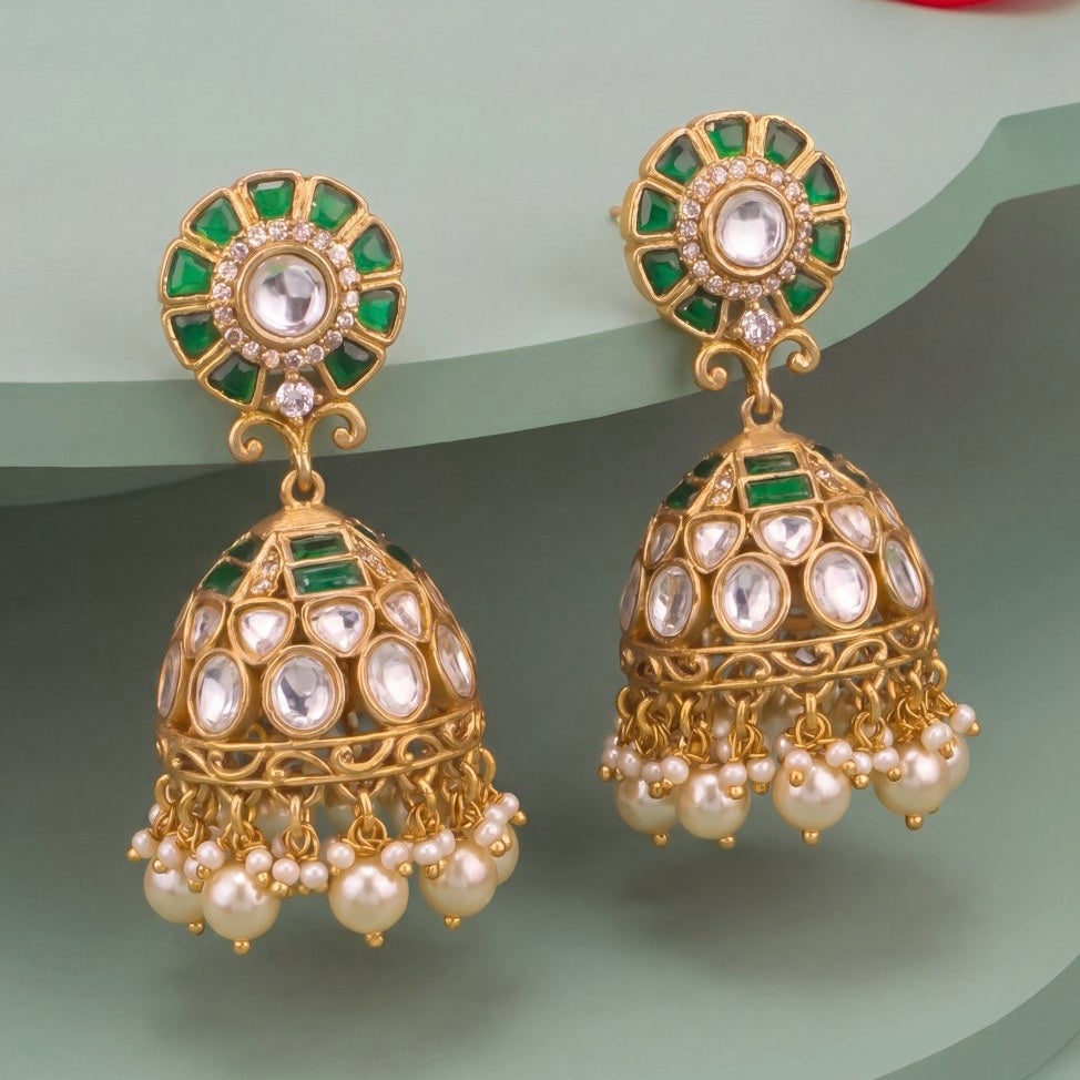 Emerald Fusion Polki x Jadau Kundan Jhumki Earrings - Handcrafted Indian Bridal Jewelry by Dulhan Jewels