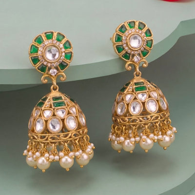 Emerald Fusion Polki x Jadau Kundan Jhumki Earrings - Handcrafted Indian Bridal Jewelry by Dulhan Jewels