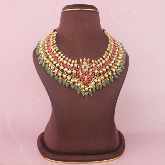 Classic Jadau Kundan Bridal Necklace With Pearl & Beads Hanging