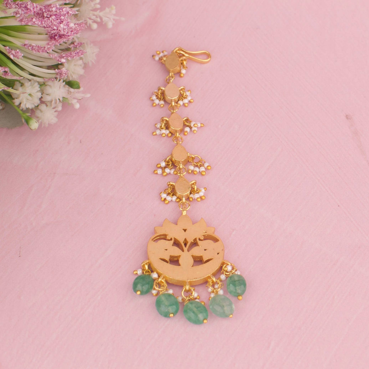 Long Drop Jadau Kundan Maang Tikka With Green Beads And Pearl Drops - Alternate View 1