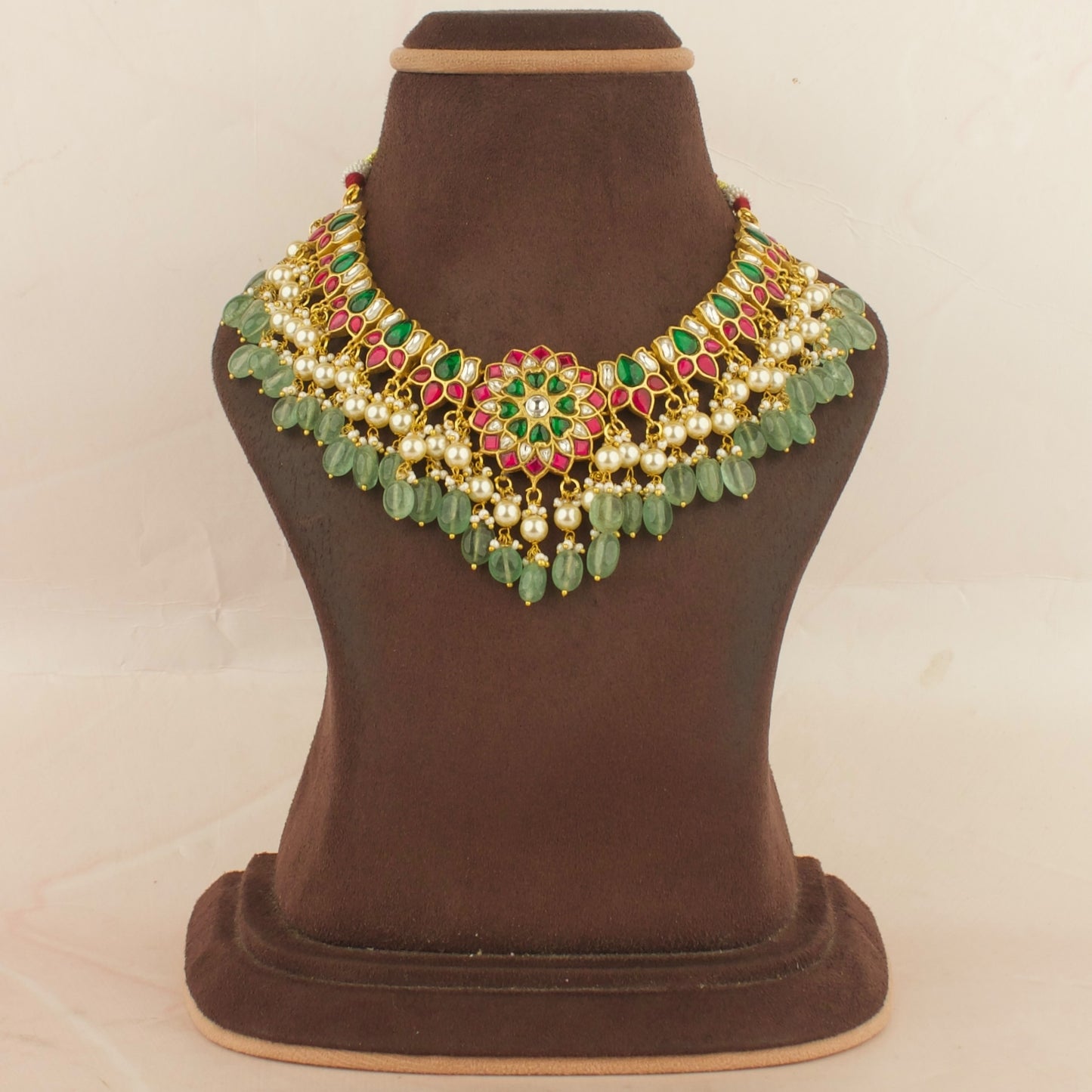Floral Lotus Design Jadau Kundan Short Necklace with Green Beads
