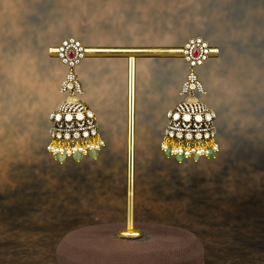 Diamond Look Victorian Jhumka with pearl accents