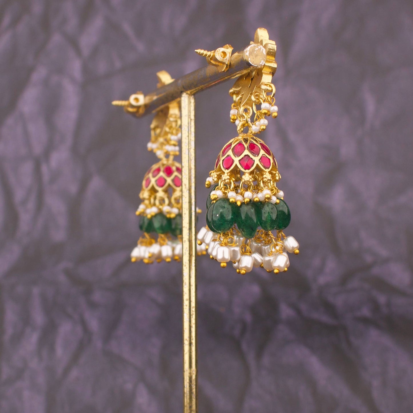 Floral Studded Jadau Kundan Jhumki With Pearl Hangings