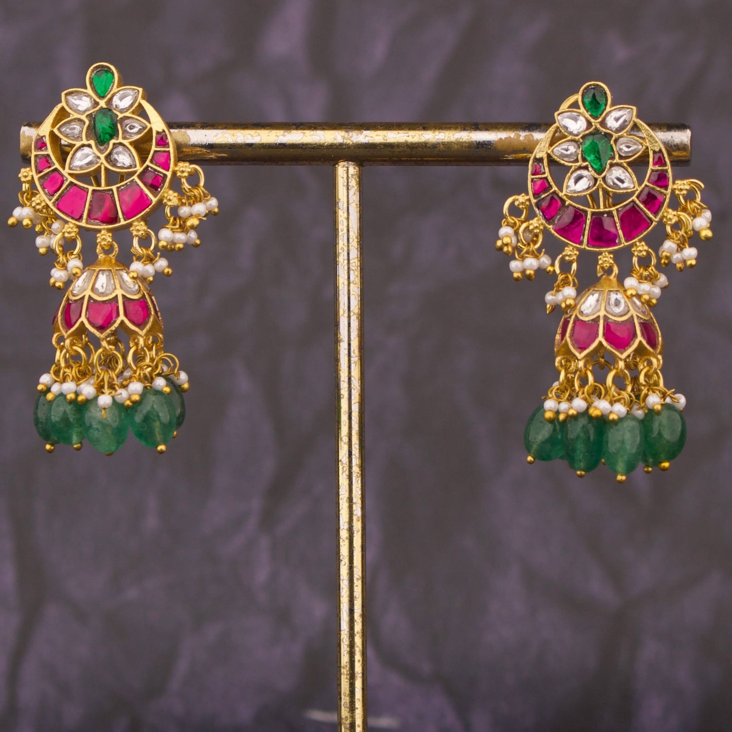 Classy Jadau Kundan Jhumki Earrings With Green Beads