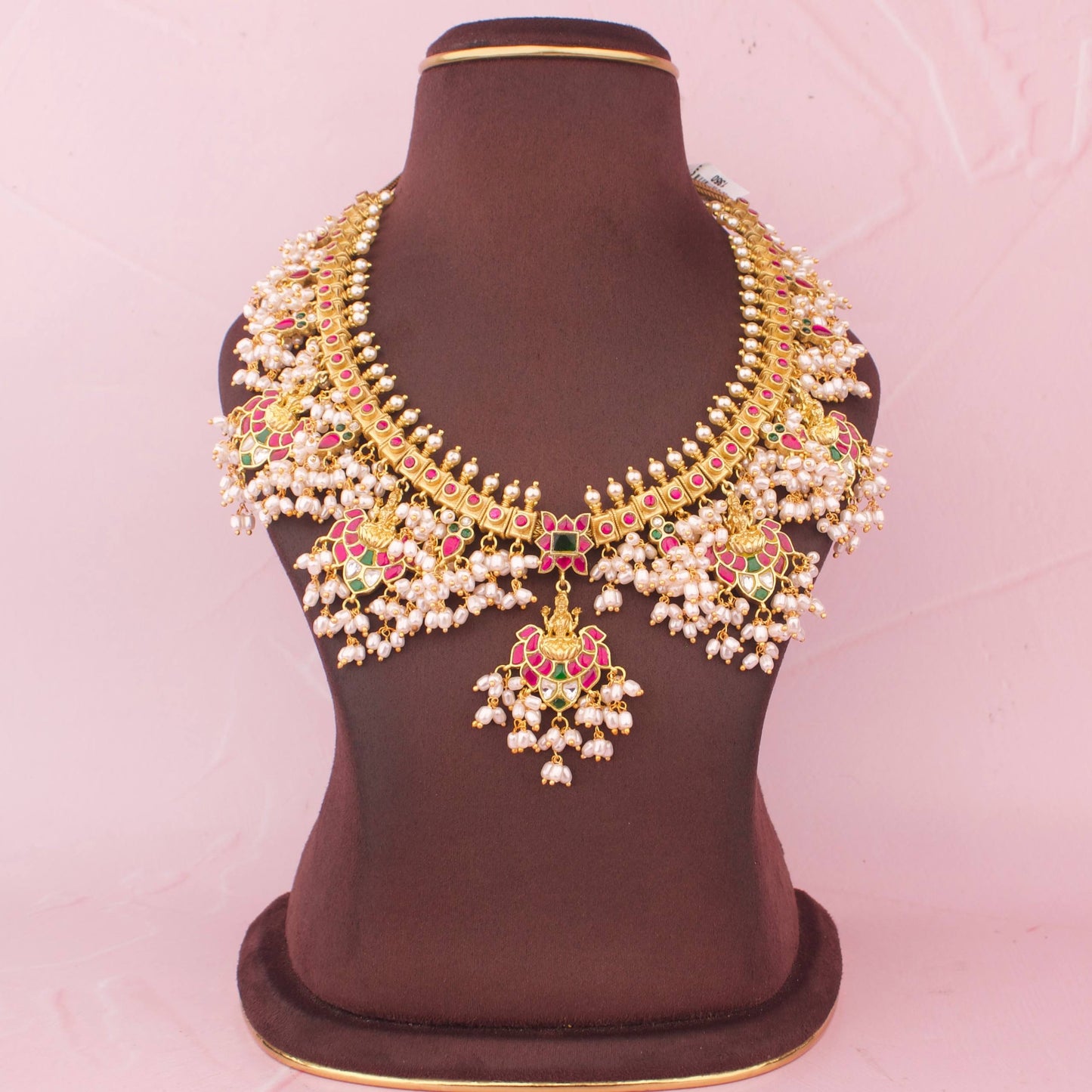 Grand Jadau Kundan Necklace Set With Pearl Hangings With Matching Earrings